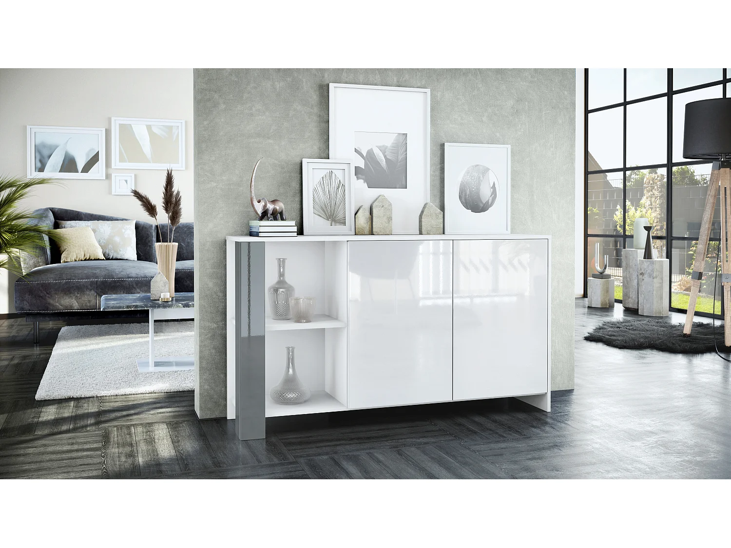 Credenza Canto, credenza lunga a 2 ante e 6 vani, mobile bianco opaco, frontali bianchi lucidi, pannelli decorativi grigio lucido (143 x 81 x 36 cm)