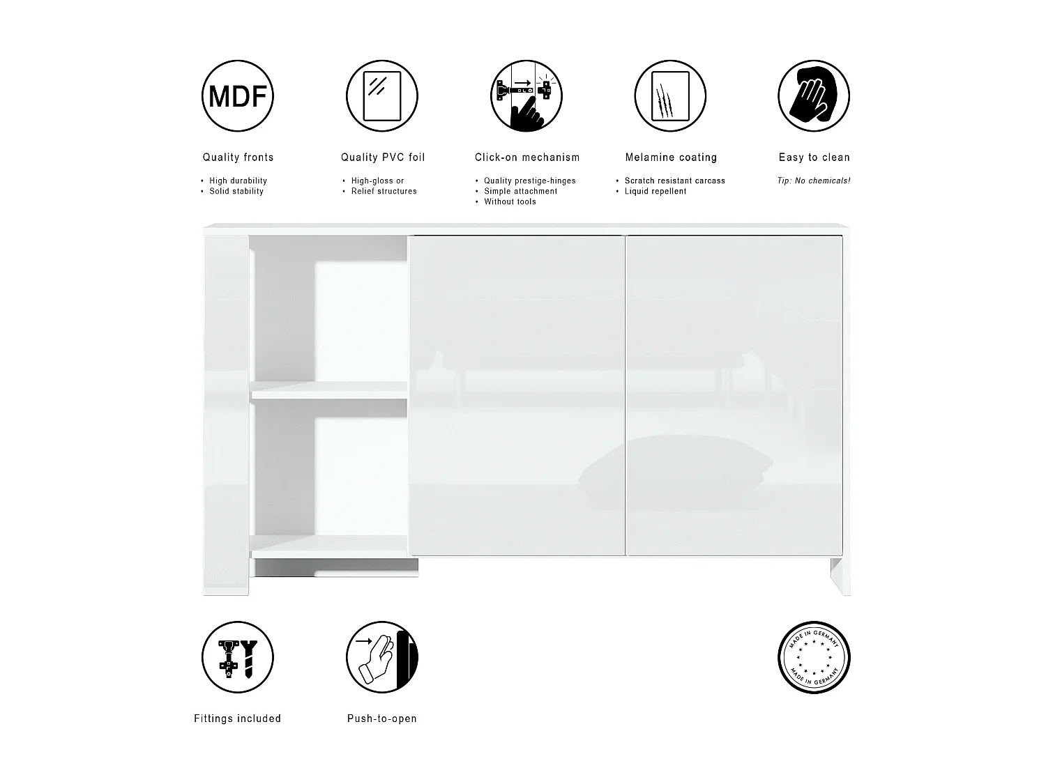 Credenza Canto, credenza lunga a 2 ante e 6 vani, mobile bianco opaco, frontali bianchi lucidi, pannelli decorativi grigio lucido (143 x 81 x 36 cm)