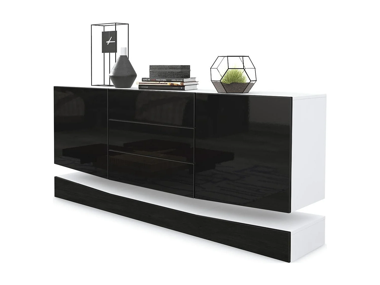 Sideboard City, blanc mat/noir haute brillance - Commode moderne pour votre salon (178 x 72 x 38 cm)