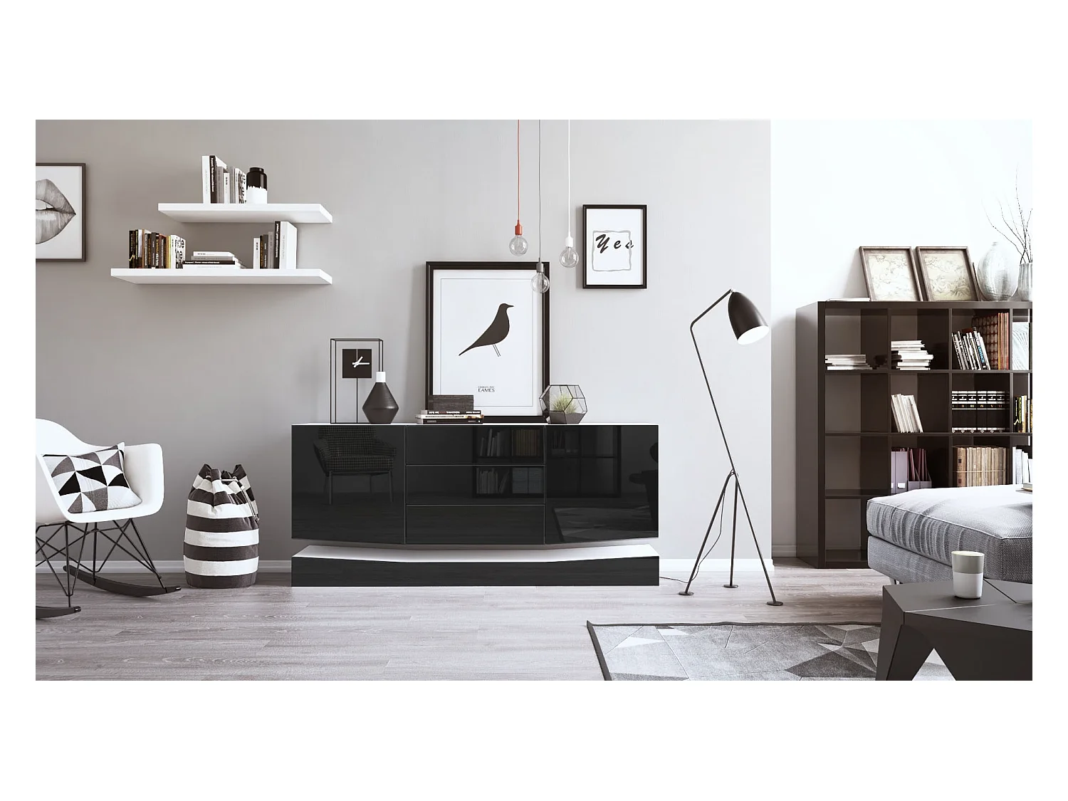 Sideboard City, blanc mat/noir haute brillance - Commode moderne pour votre salon (178 x 72 x 38 cm)