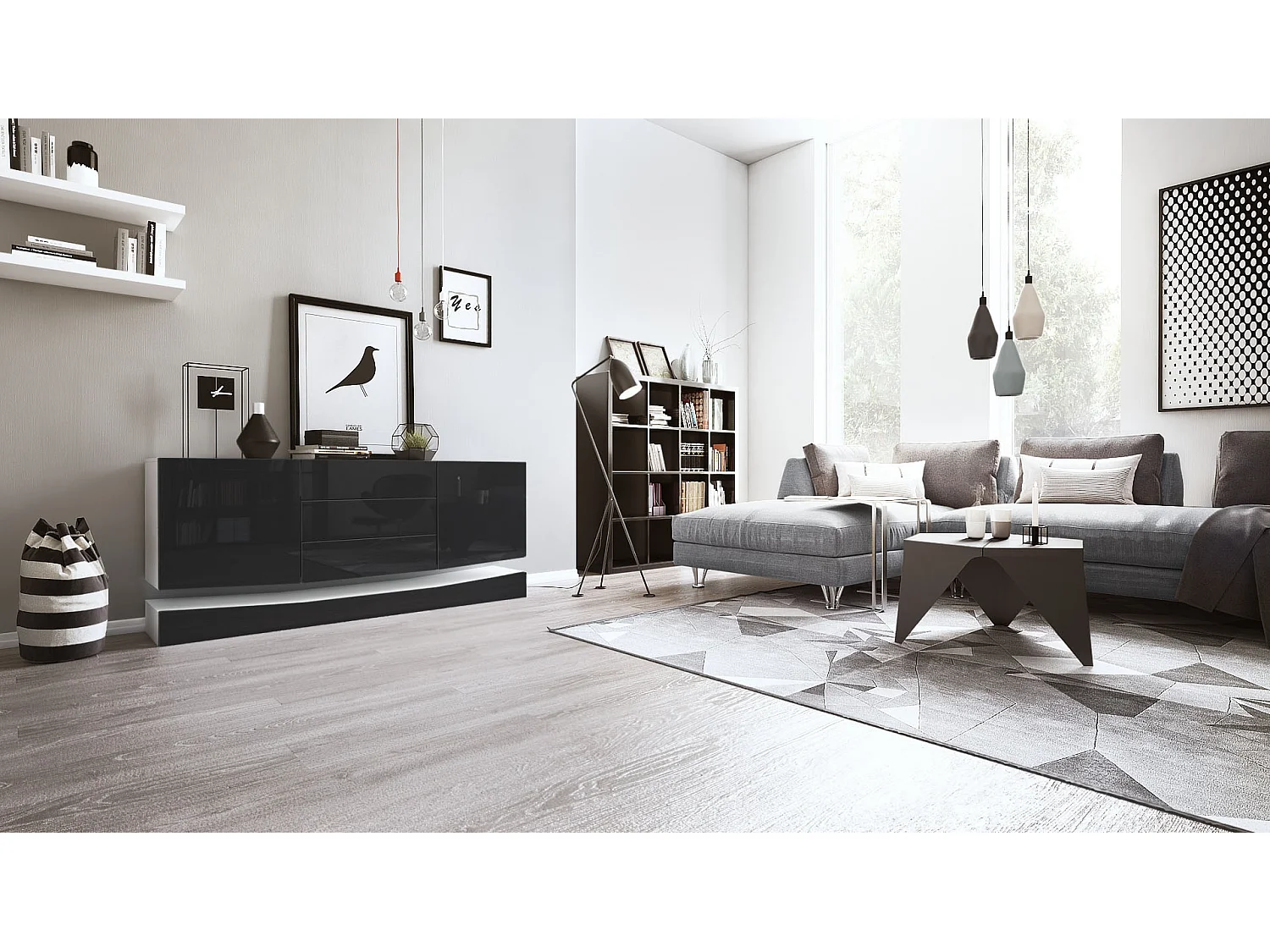 Vladon Sideboard City, bianco opaco/nero lucido - Cassettiera moderna per la zona giorno (178 x 72 x 38 cm)