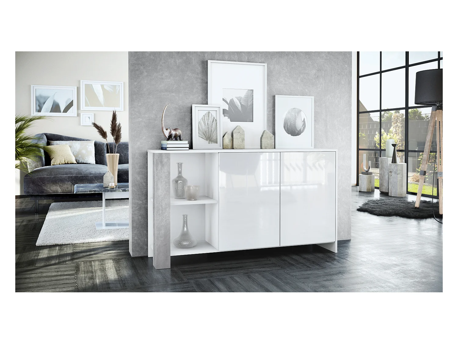 Buffet Canto, long bahut avec 2 portes et 6 compartiments, corps blanc mat, façades blanc brillant, panneaux décoratifs aspect béton oxyde (143 x 81 x 36 cm)