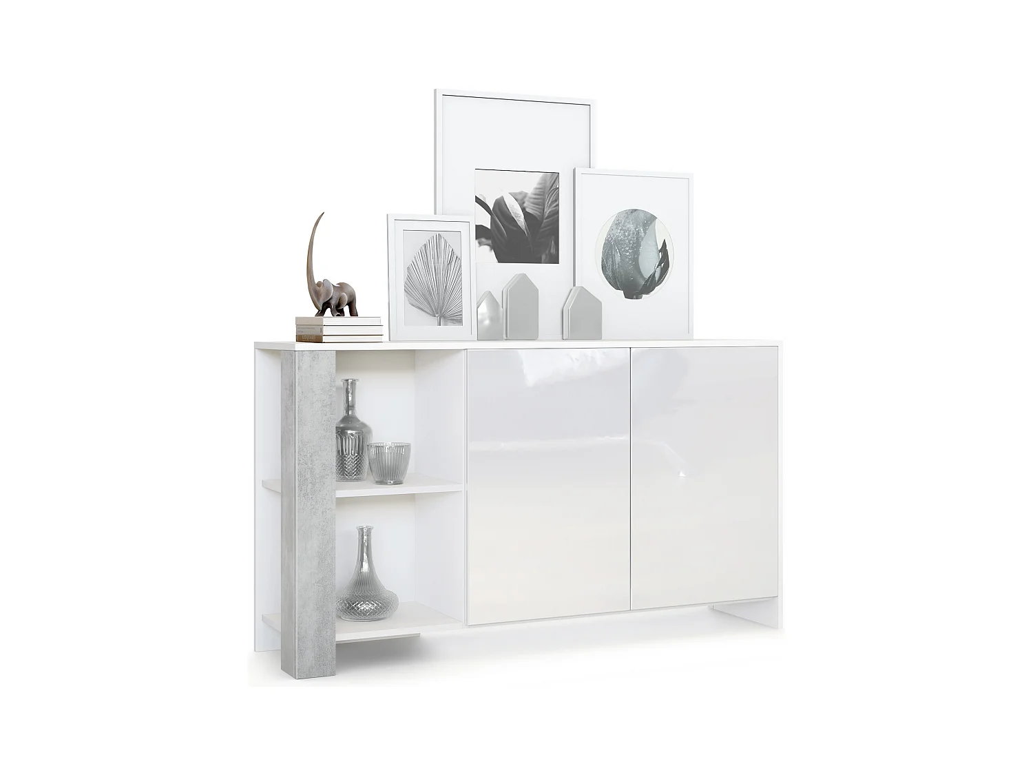 Buffet Canto, long bahut avec 2 portes et 6 compartiments, corps blanc mat, façades blanc brillant, panneaux décoratifs aspect béton oxyde (143 x 81 x 36 cm)