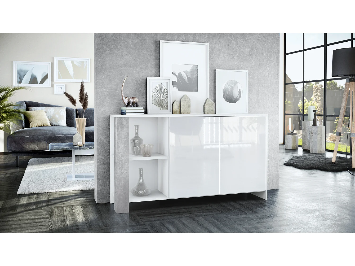 Credenza Canto, credenza lunga a 2 ante e 6 vani, mobile bianco opaco, frontali bianchi lucidi, pannelli decorativi ottica cermento ossido (143 x 81 x 36 cm)