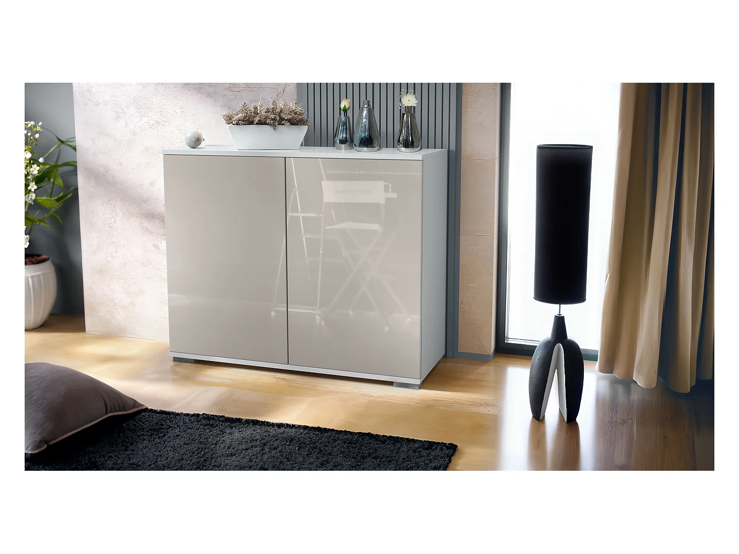 Credenza Skadu V3, Mobile da Cucina Moderno con 2 Grandi Ante bianco opaco / grigio sabbia lucido (92,5 x 75.5 x 35)