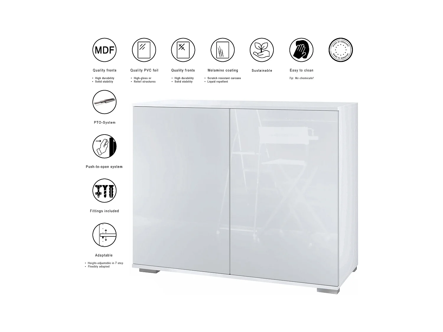 Credenza Skadu V3, Mobile da Cucina Moderno con 2 Grandi Ante bianco opaco / grigio sabbia lucido (92,5 x 75.5 x 35)