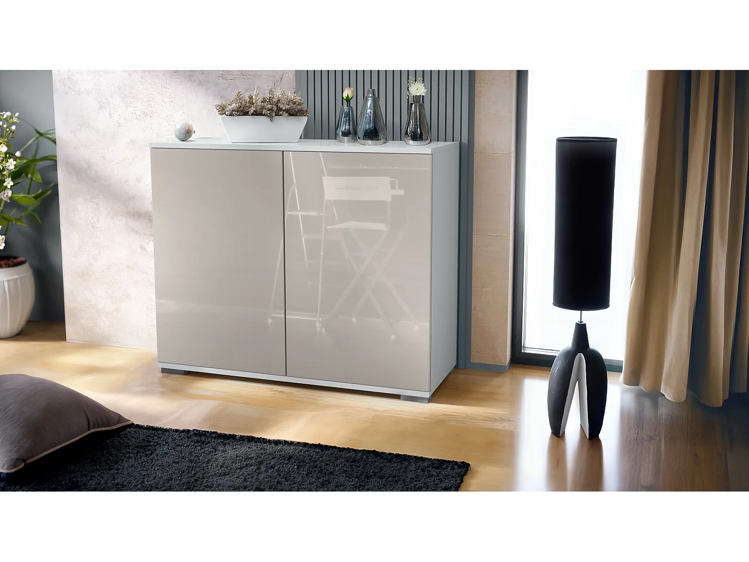 Commode Skadu V3, Buffet de Cuisine Moderne avec 2 Grandes Portes blanc mat / gris sable haute brillance (92,5 x 75.5 x 35)