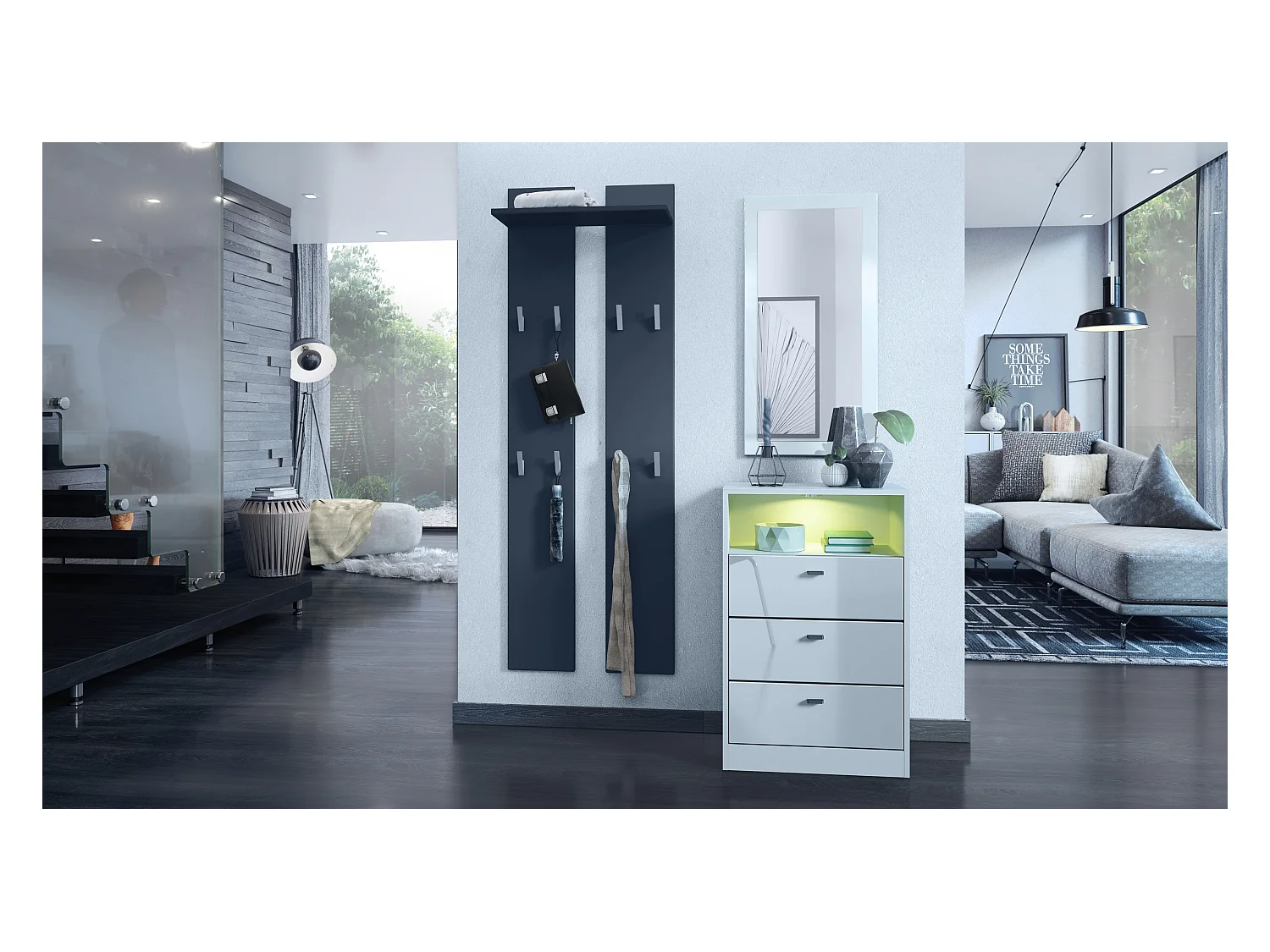 Ensemble de vestiaires Pino V2, 2 Panneaux muraux 140 cm et buffet avec 2 tiroirs & 1 compartiment ouvert, blanc mat/Blanc brillant (56 x 67,5 x 36 cm)