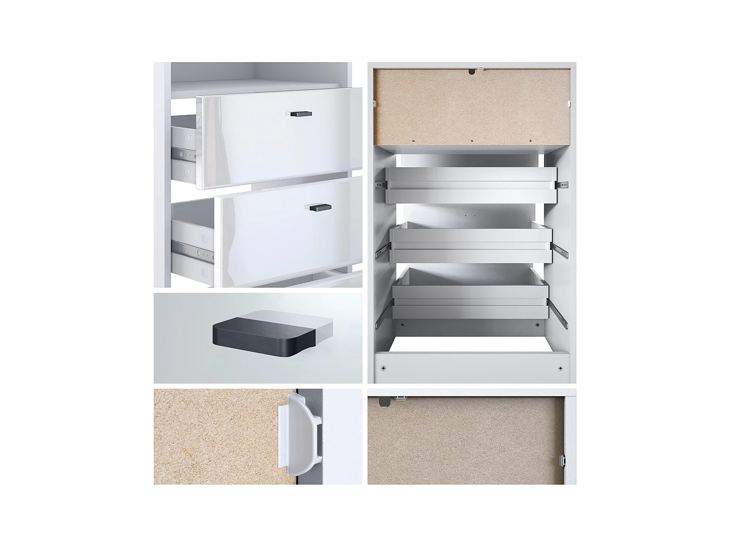 Ensemble de vestiaires Pino V2, 2 Panneaux muraux 140 cm et buffet avec 2 tiroirs & 1 compartiment ouvert, blanc mat/Blanc brillant (56 x 67,5 x 36 cm)