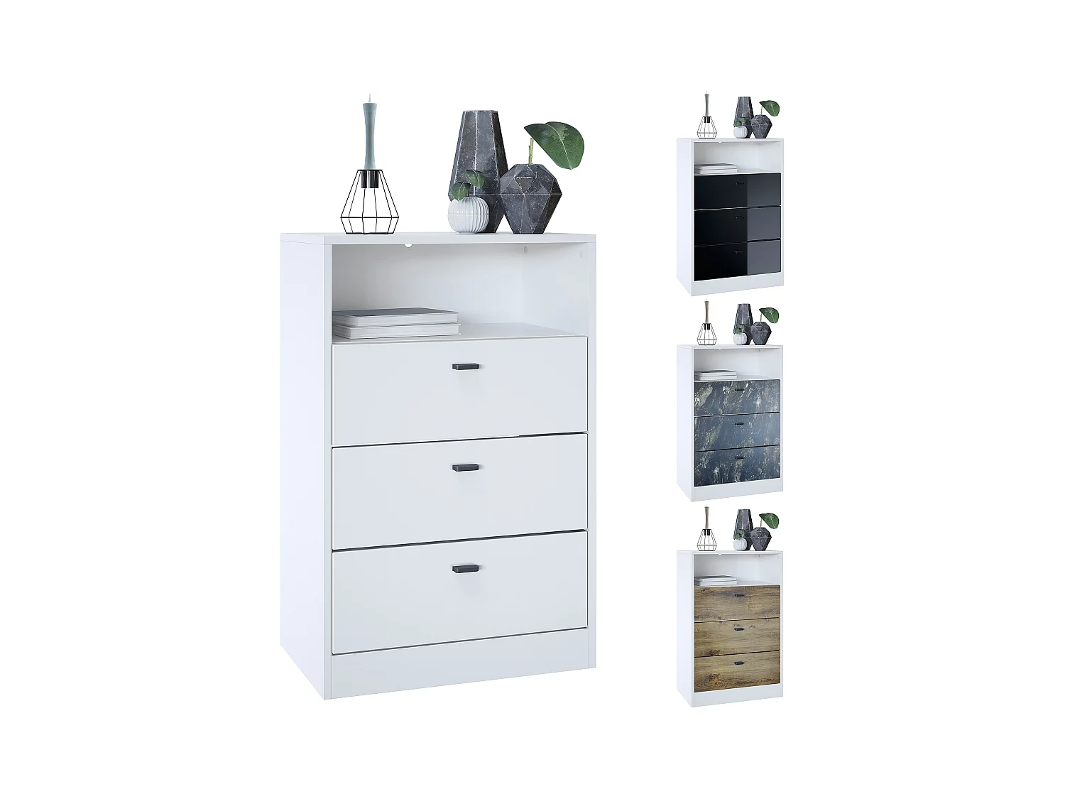 Ensemble de vestiaires Pino V2, 2 Panneaux muraux 140 cm et buffet avec 2 tiroirs & 1 compartiment ouvert, blanc mat/Blanc brillant (56 x 67,5 x 36 cm)