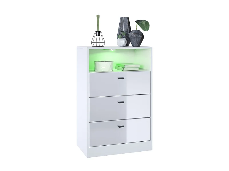 Ensemble de vestiaires Pino V2, 2 Panneaux muraux 140 cm et buffet avec 2 tiroirs & 1 compartiment ouvert, blanc mat/Blanc brillant (56 x 67,5 x 36 cm)