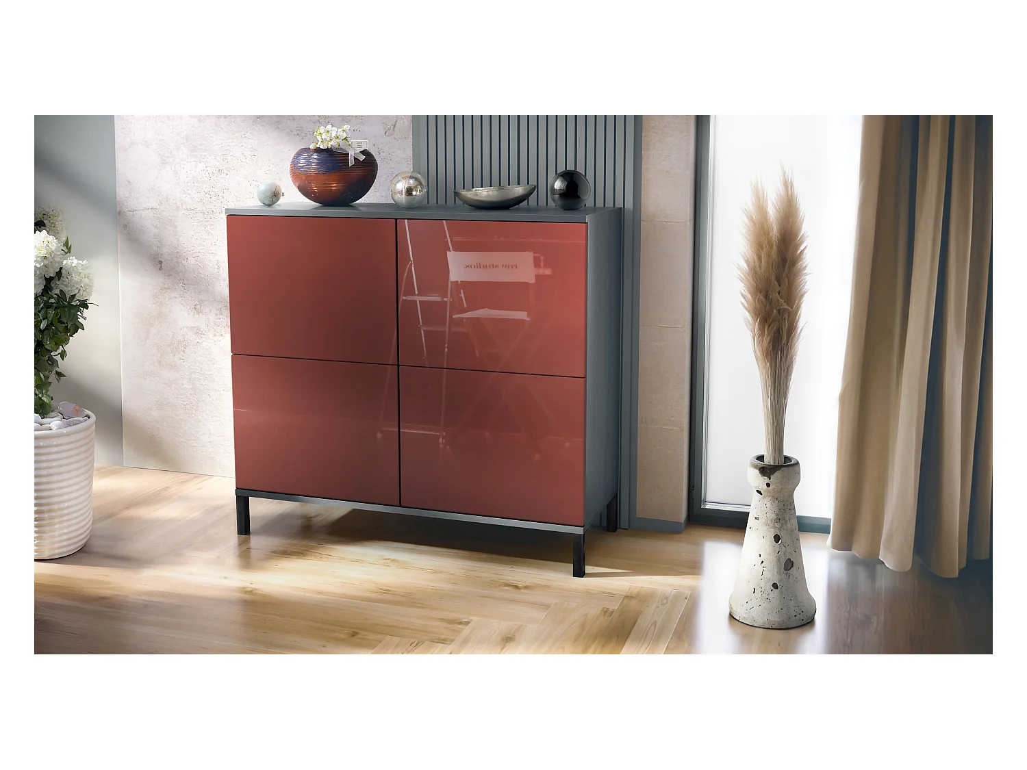 Buffet Rova V3 – Meuble de cuisine moderne avec 4 portes Push-to-Open anthracite mat / bordeaux haute brillance (92,5 x 83.5 x 35)