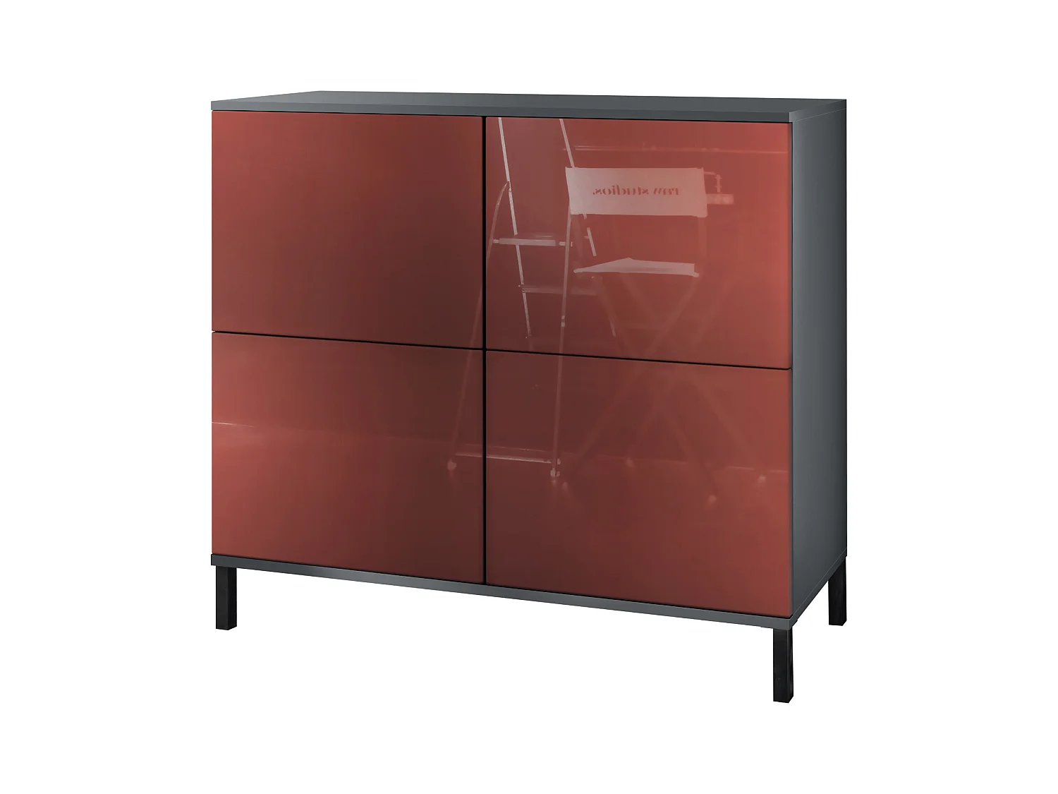 Buffet Rova V3 – Meuble de cuisine moderne avec 4 portes Push-to-Open anthracite mat / bordeaux haute brillance (92,5 x 83.5 x 35)