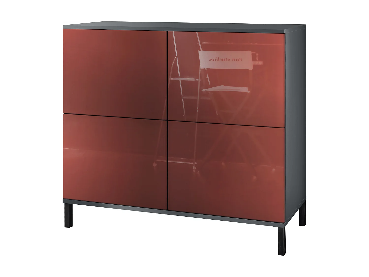 Credenza Rova V3 – Mobile da cucina moderno con 4 ante Push-to-Open antracite opaco  / bordeaux lucido (92,5 x 83.5 x 35)