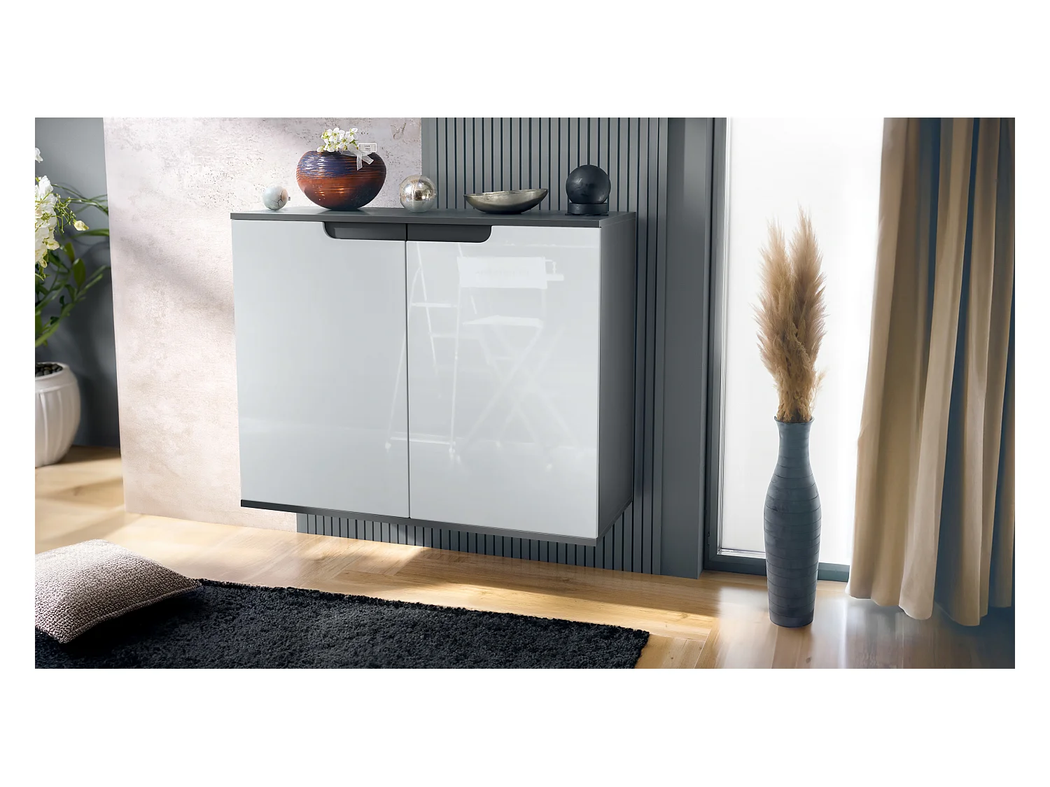 Commode Sylt V3, Buffet de Cuisine Moderne avec 2 Grandes Portes anthracite mat / blanc haute brillance (92,5 x 73.5 x 35)