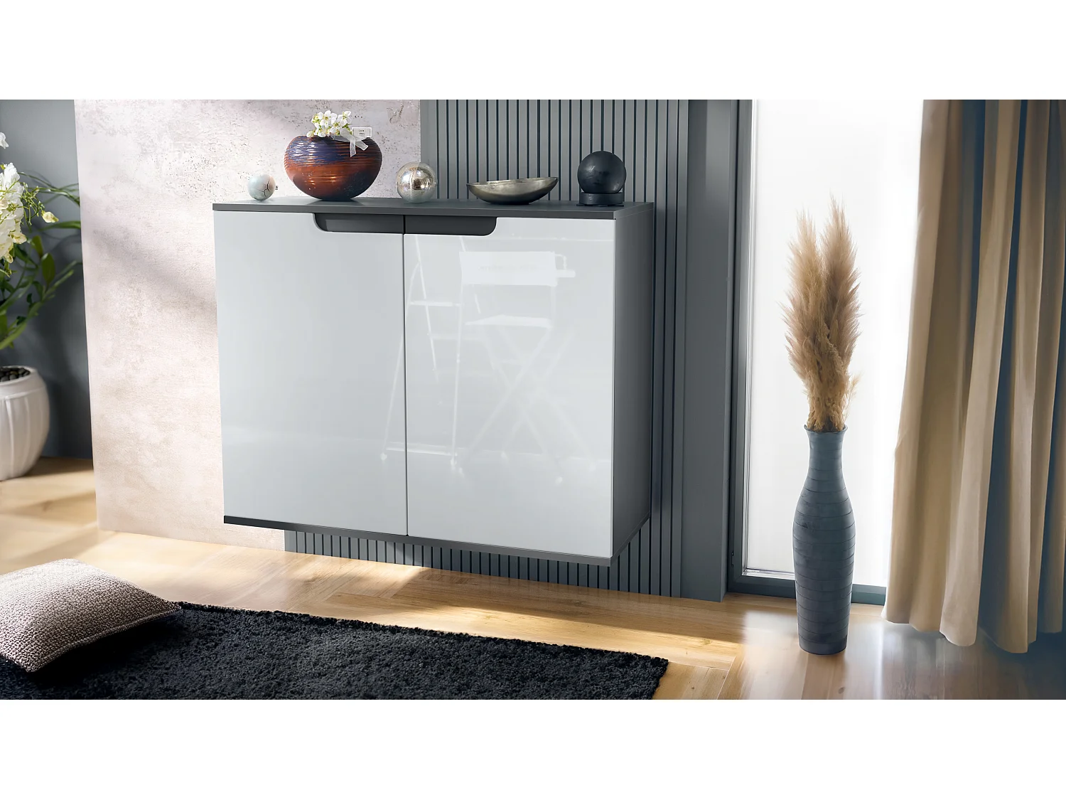 Aparador Sylt V3, Armario de Cocina Moderno con 2 Puertas Grandes antracita mate / blanco de alto brillo (92,5 x 73.5 x 35)