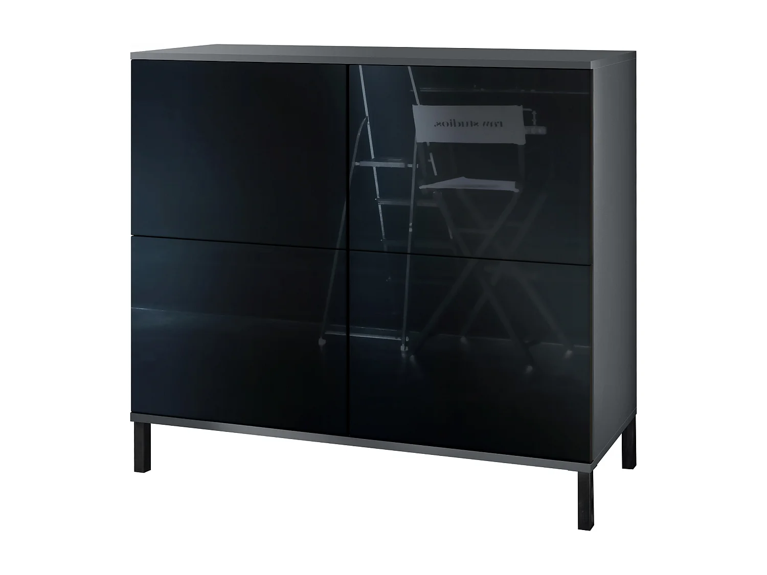 Buffet Rova V3 – Meuble de cuisine moderne avec 4 portes Push-to-Open anthracite mat / noir haute brillance (92,5 x 83.5 x 35)