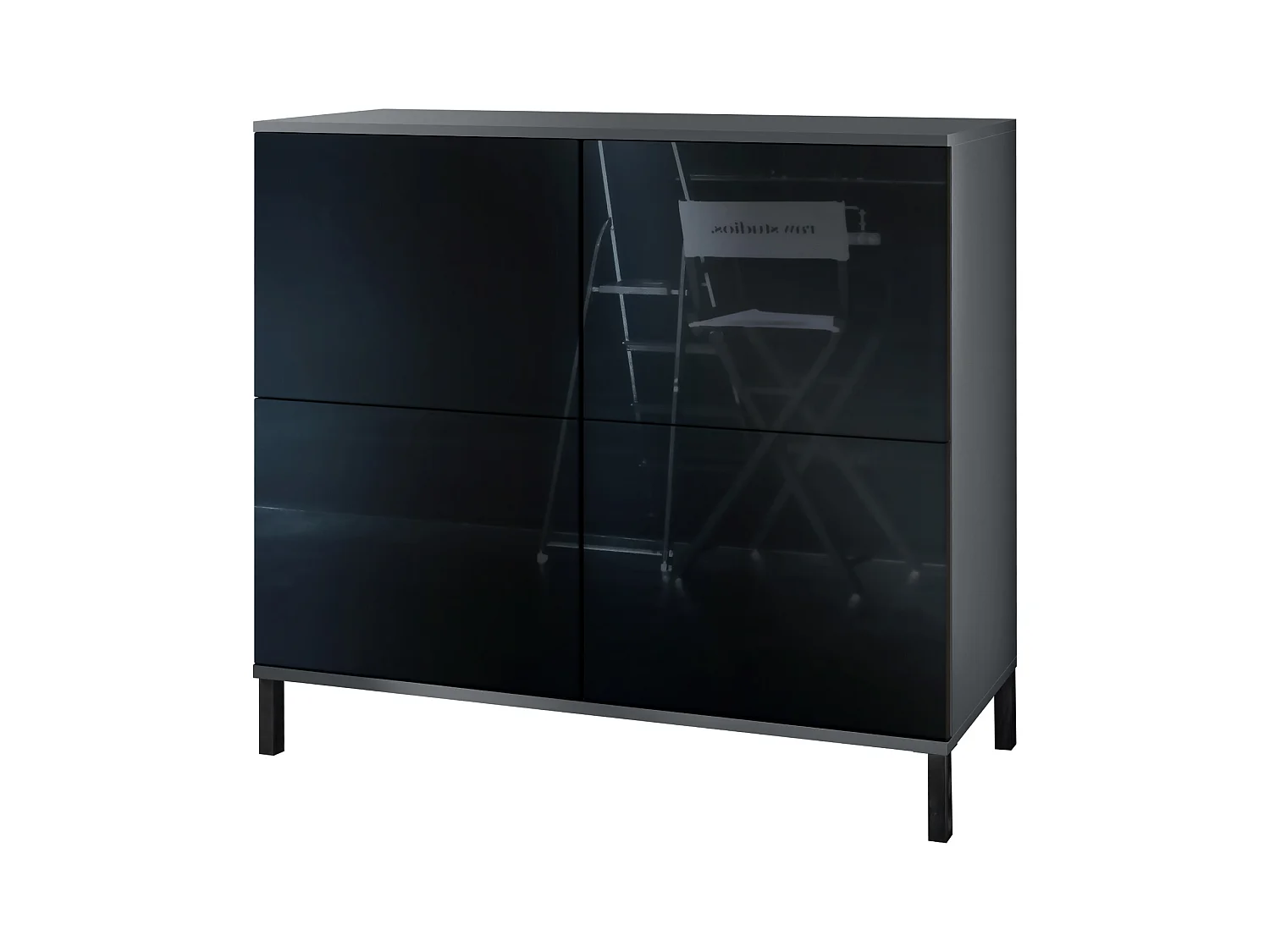 Buffet Rova V3 – Meuble de cuisine moderne avec 4 portes Push-to-Open anthracite mat / noir haute brillance (92,5 x 83.5 x 35)