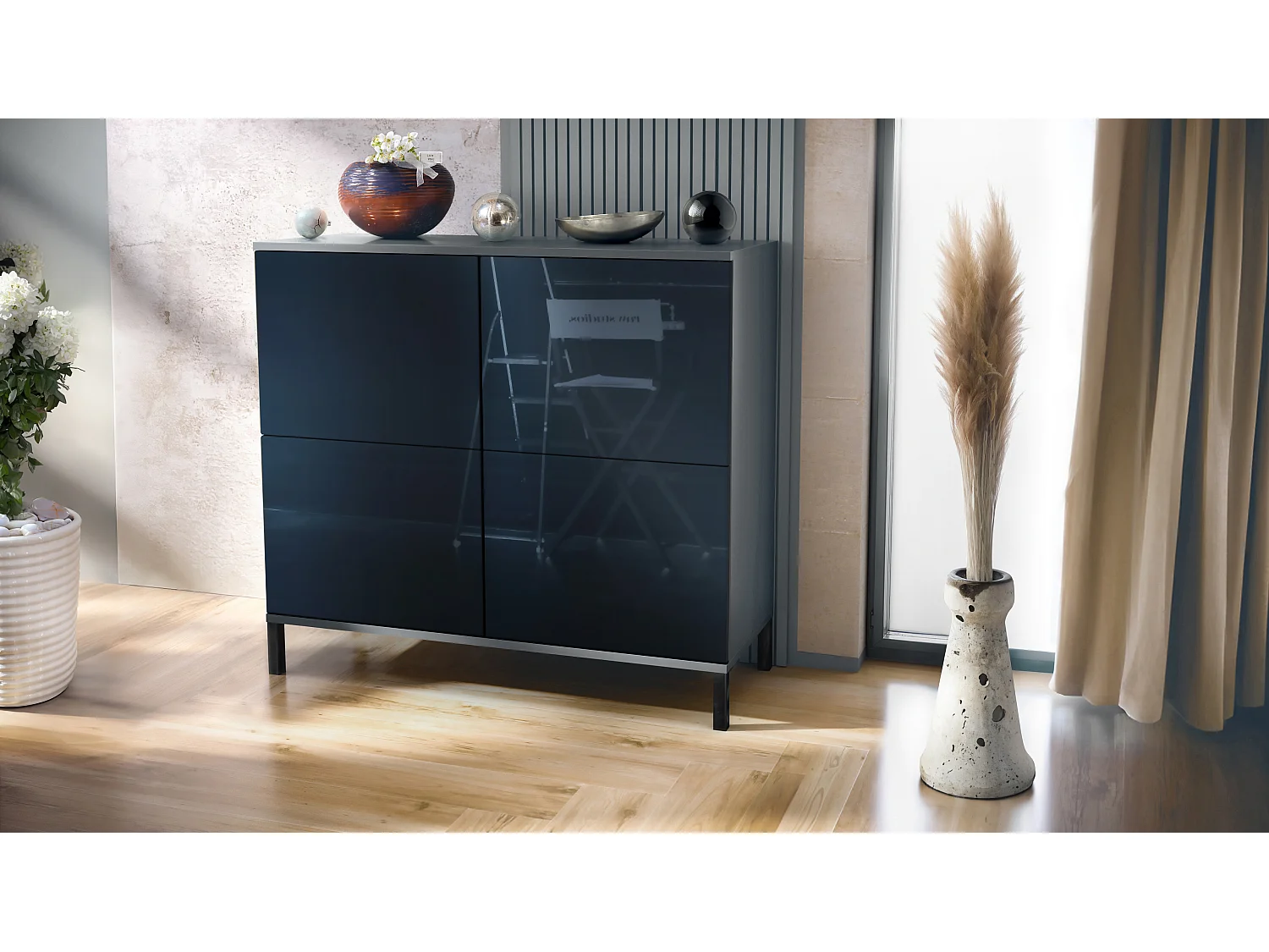Credenza Rova V3 – Mobile da cucina moderno con 4 ante Push-to-Open antracite opaco  / nero lucido (92,5 x 83.5 x 35)