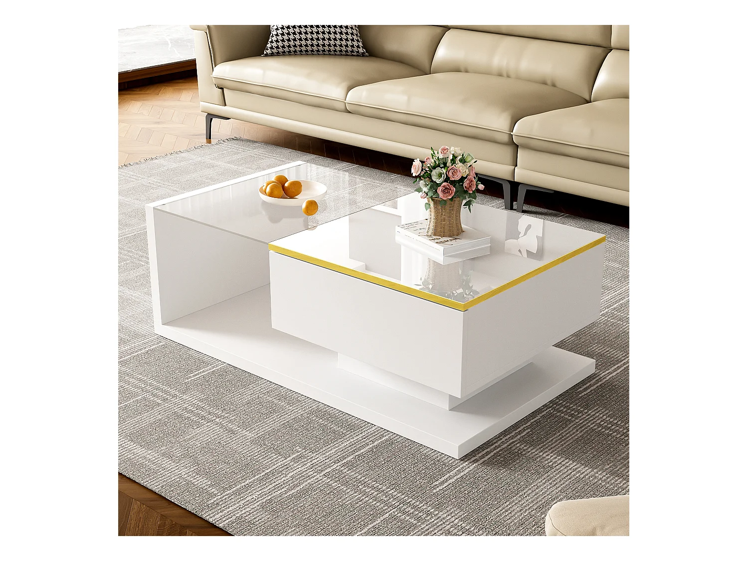 Table basse blanche 90 cm - Table basse avec éclairage LED et séparateurs de rangement - rangement ouvert - pour salon