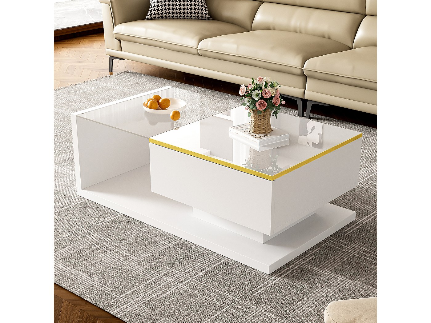 Table Basse LED 104x53x46 Cm Blanc Brillant – Table Salon Moderne Avec 2 Tiroirs & Éclairage LED, Design Élégant & Fonctionnel