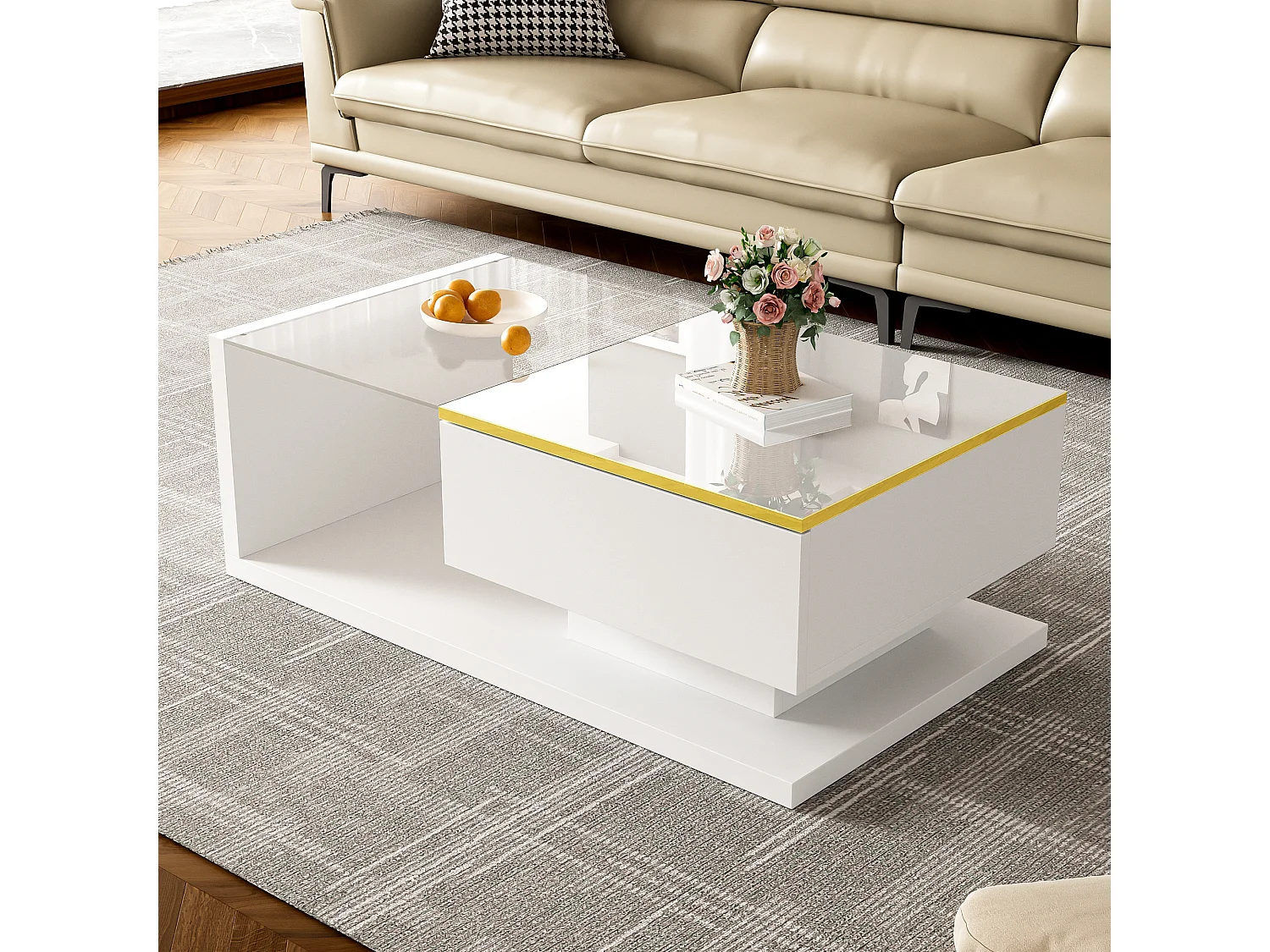 Witte salontafel 90 cm - Salontafel met ledverlichting en opbergvakken - Open opbergruimte - voor de woonkamer