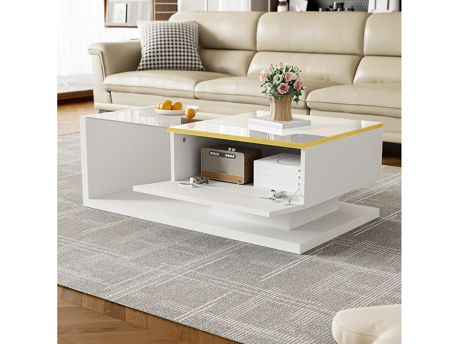 Witte salontafel 90 cm - Salontafel met ledverlichting en opbergvakken - Open opbergruimte - voor de woonkamer