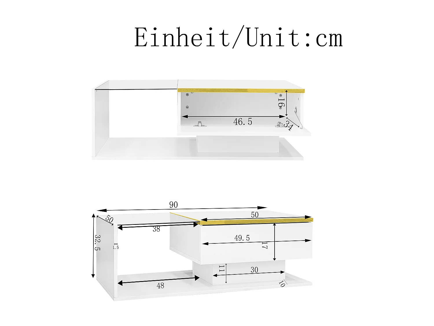 Witte salontafel 90 cm - Salontafel met ledverlichting en opbergvakken - Open opbergruimte - voor de woonkamer