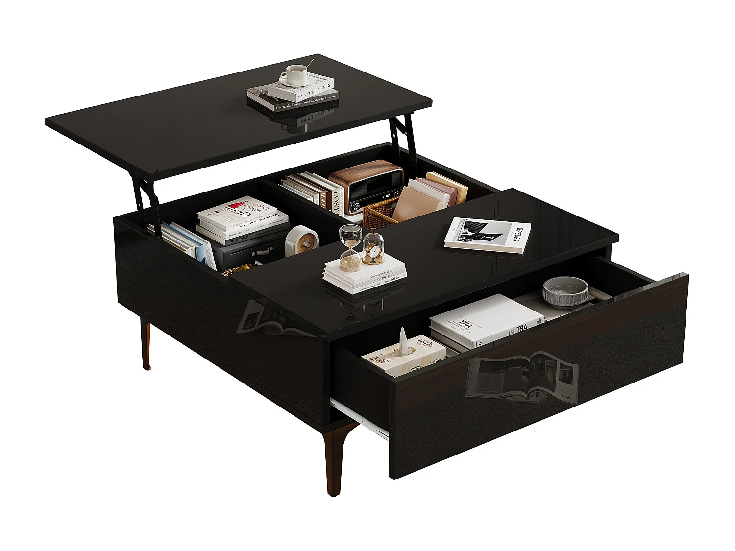 Czarny stolik kawowy - Stolik kawowy z oświetleniem LED i 1 szufladą - regulowana wysokość - do salonu