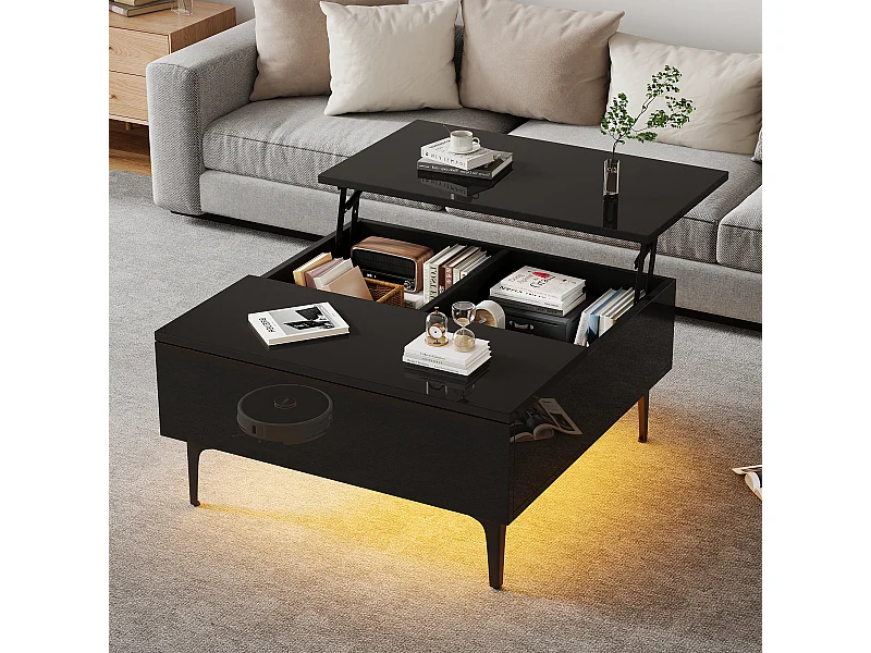 Tavolino noir - Tavolino con illuminazione a LED e 1 cassetto - altezza regolabile - per soggiorno