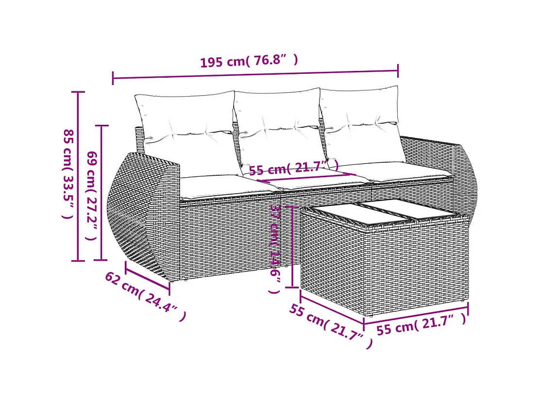 Set de sofás de jardín 4 pzas y cojines ratán sintético marrón
