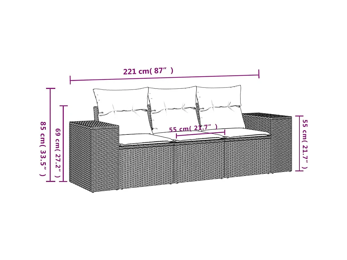 Salon de jardin avec coussins 3 pcs gris clair résine tressée