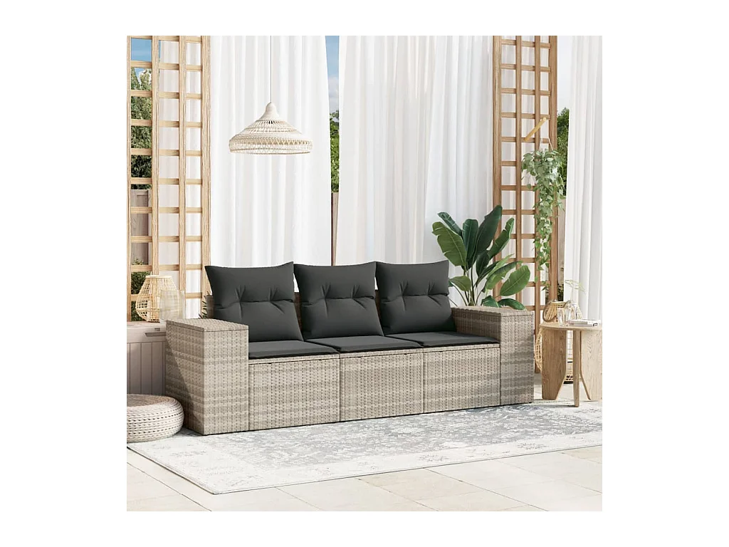 3-tlg. Garten-Sofagarnitur mit Kissen Hellgrau Poly Rattan