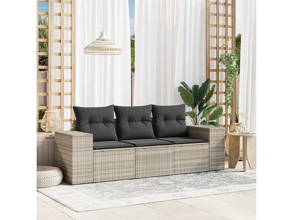 Set Divano da Giardino 3pz con Cuscini Grigio Chiaro Polyrattan