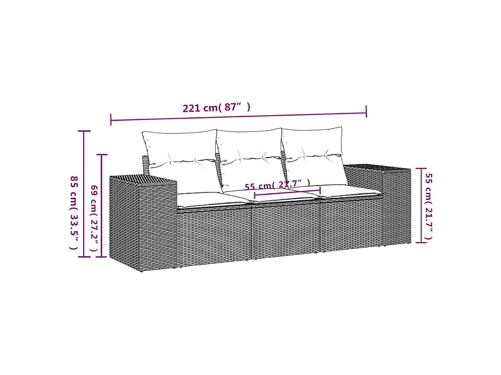Set Divano da Giardino 3pz con Cuscini Grigio Chiaro Polyrattan