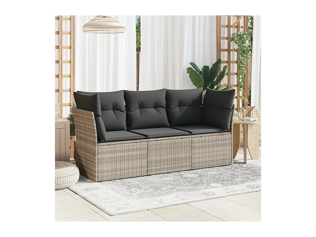 Salon de jardin avec coussins 3 pcs gris clair résine tressée