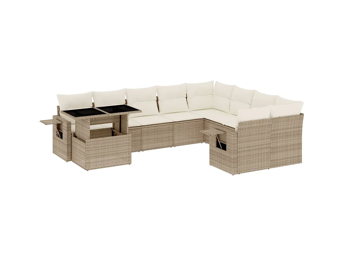 10-tlg. Garten-Sofagarnitur mit Kissen Beige Poly Rattan