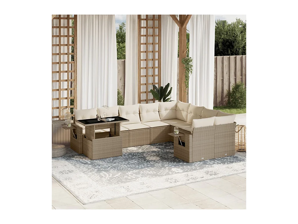 Salon de jardin avec coussins 10 pcs beige résine tressée
