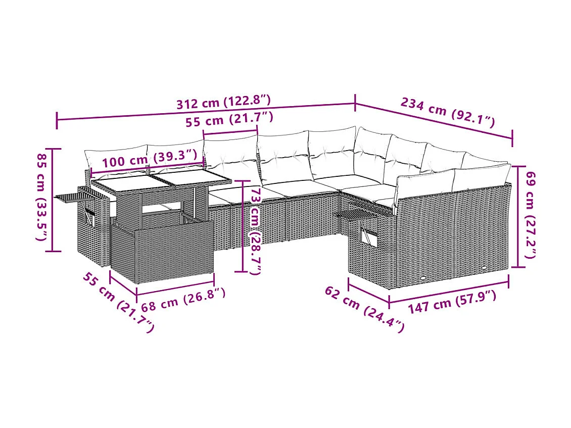 10 pcs conjunto de sofás p/ jardim com almofadões vime PE bege