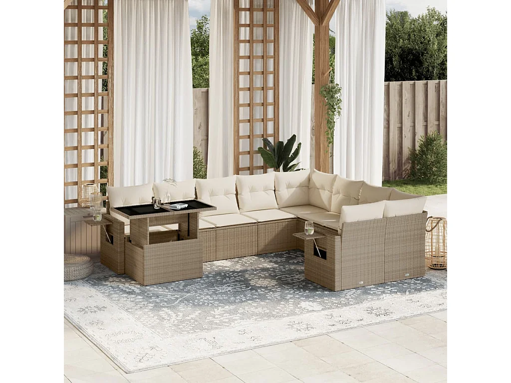 Salon de jardin avec coussins 10 pcs beige résine tressée