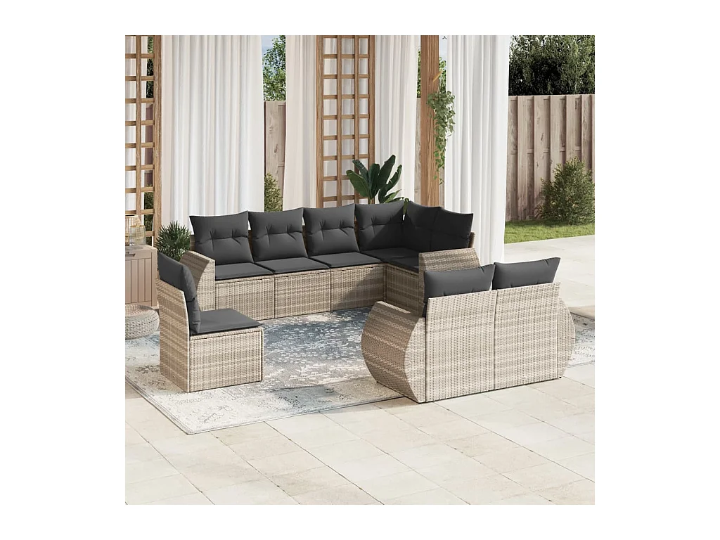 Salon de jardin 8 pcs avec coussins gris clair résine tressée