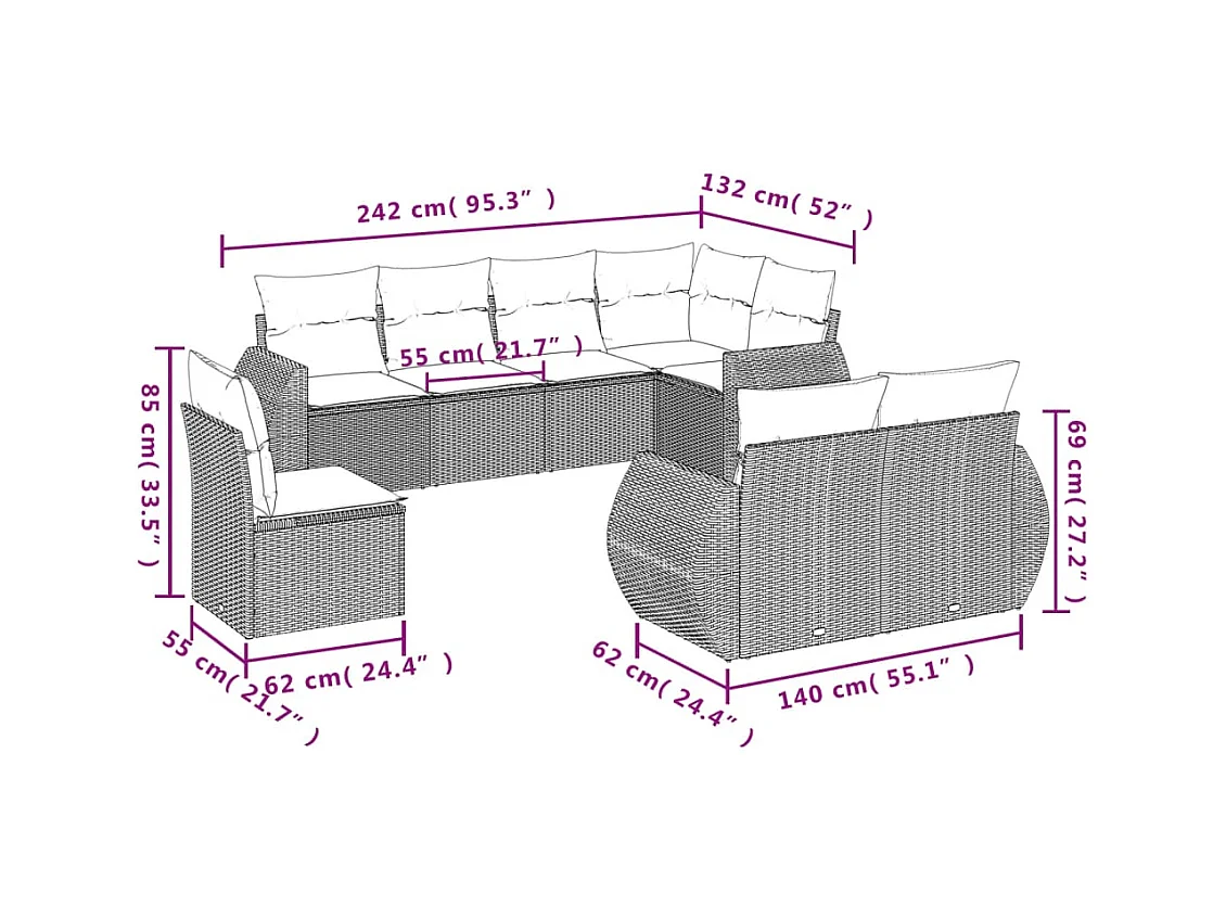 Salon de jardin 8 pcs avec coussins gris clair résine tressée