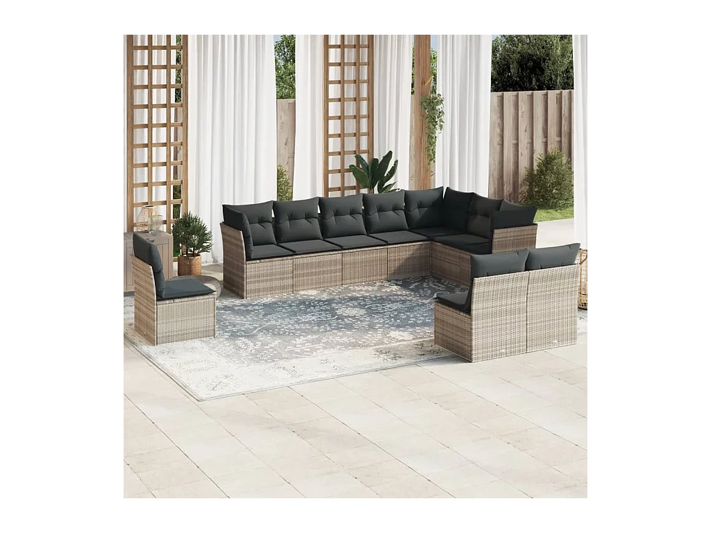 Salon de jardin avec coussins 10 pcs gris clair résine tressée