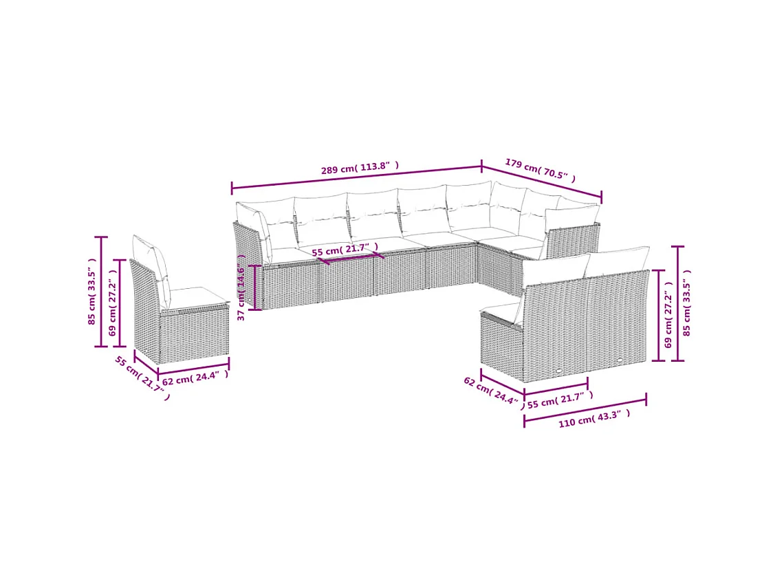 Salon de jardin avec coussins 10 pcs gris clair résine tressée