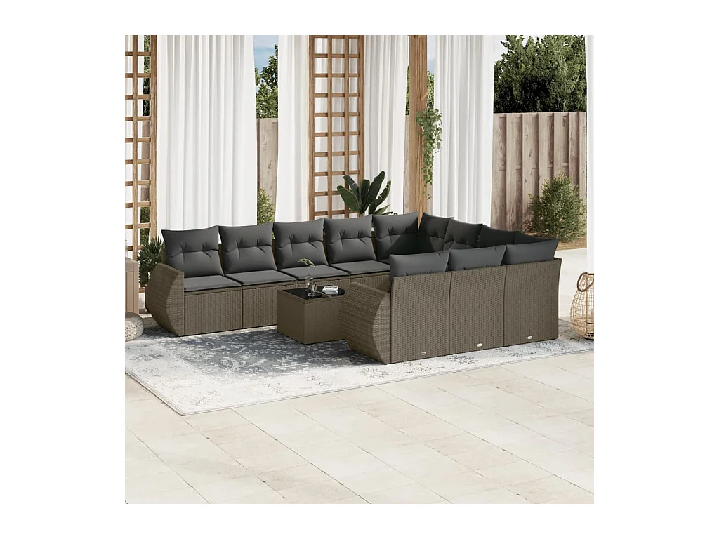 Salon de jardin 11 pcs avec coussins gris clair résine tressée