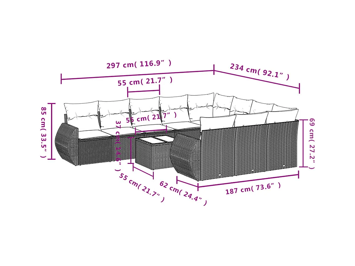 Salon de jardin 11 pcs avec coussins gris clair résine tressée