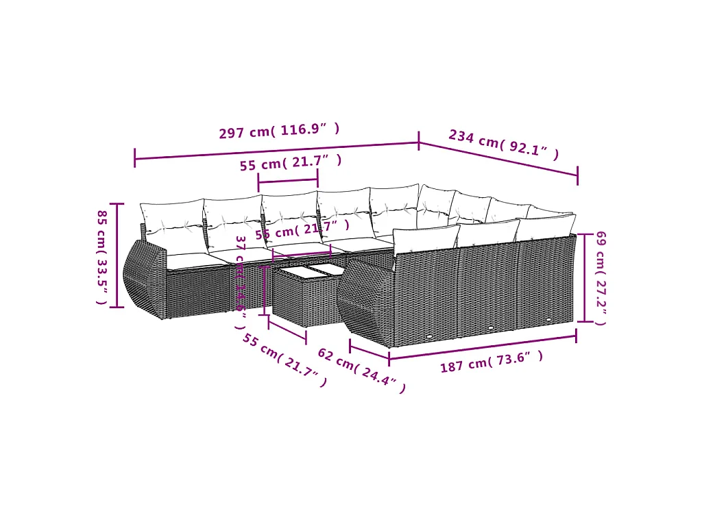 11-delige Loungeset met kussens poly rattan lichtgrijs