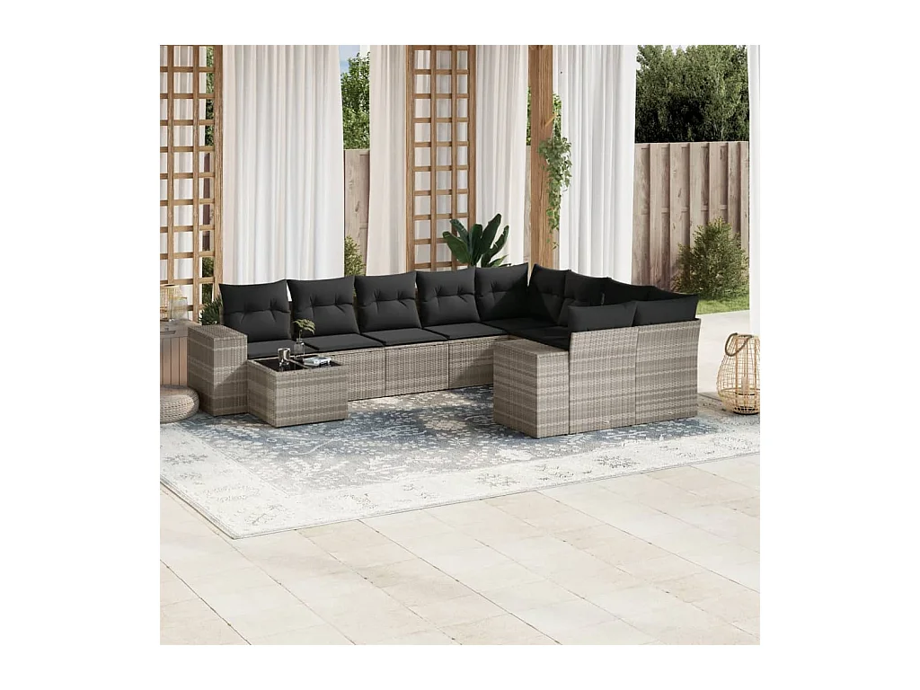 Salon de jardin avec coussins 10 pcs gris clair résine tressée