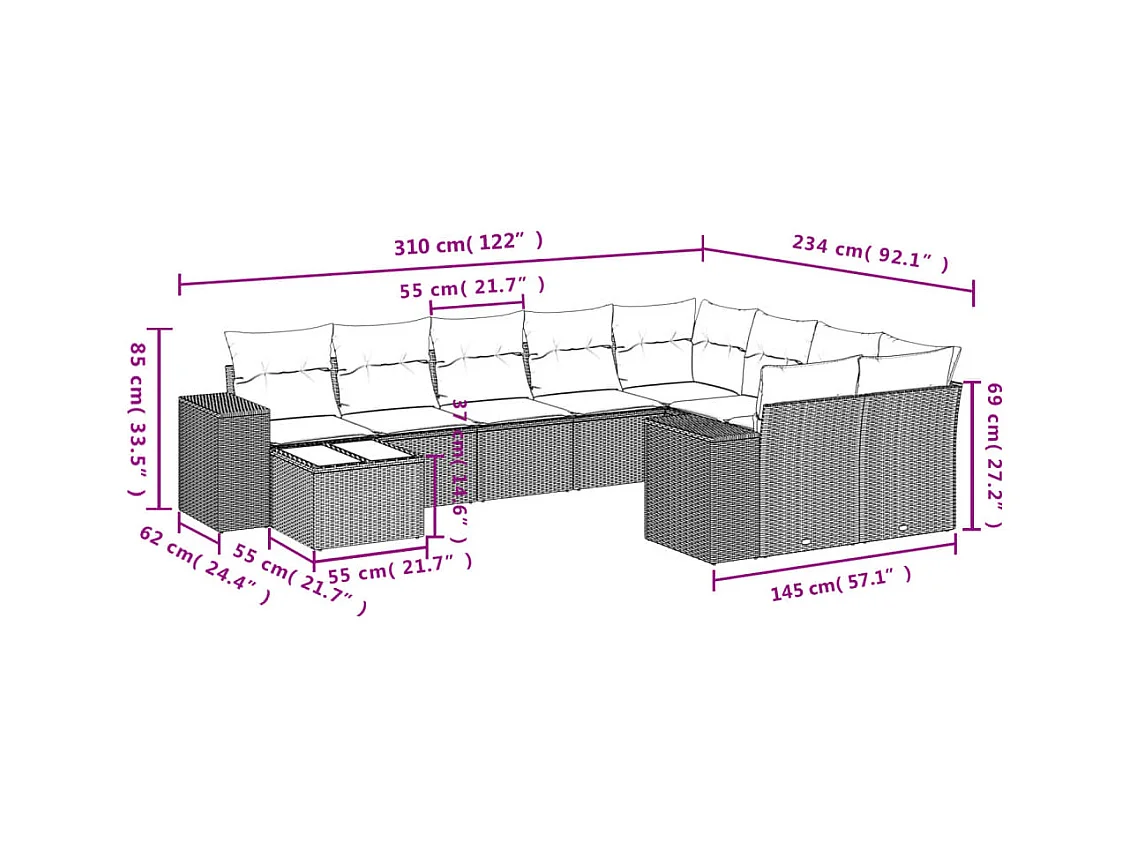 Salon de jardin avec coussins 10 pcs gris clair résine tressée