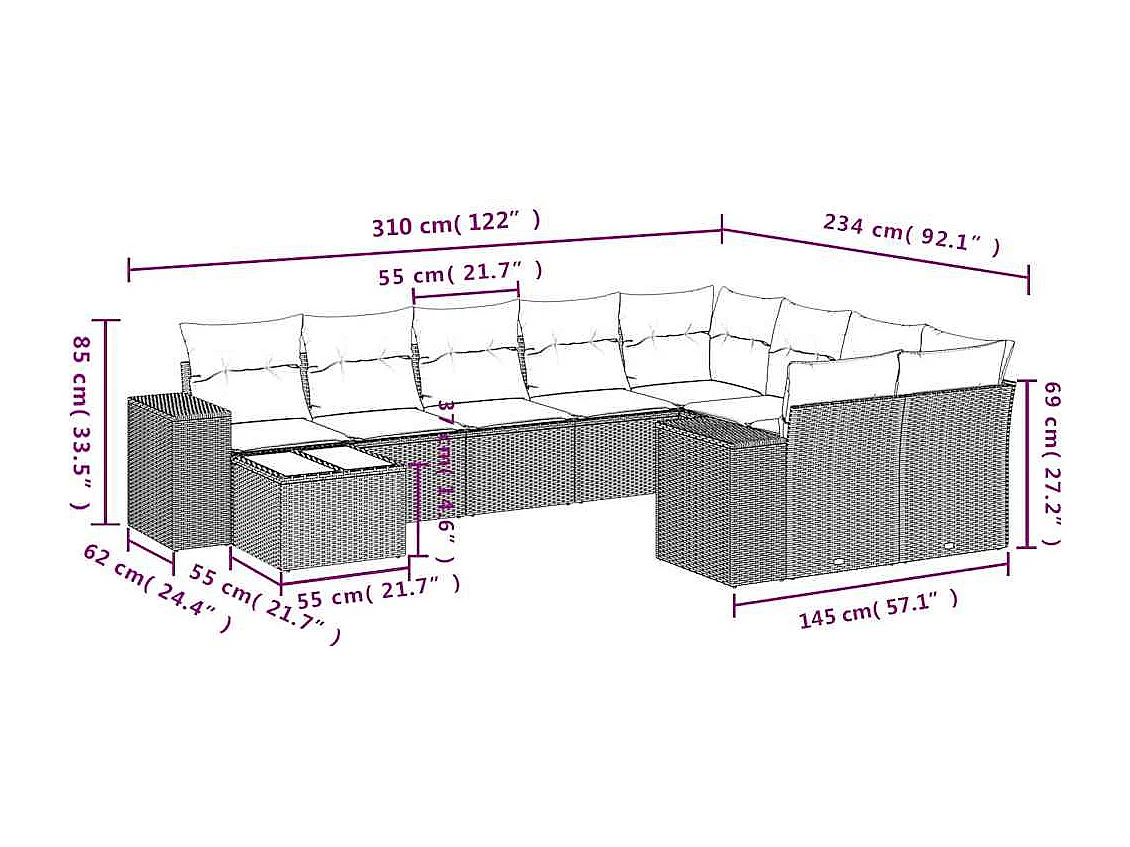 Salon de jardin avec coussins 10 pcs gris clair résine tressée
